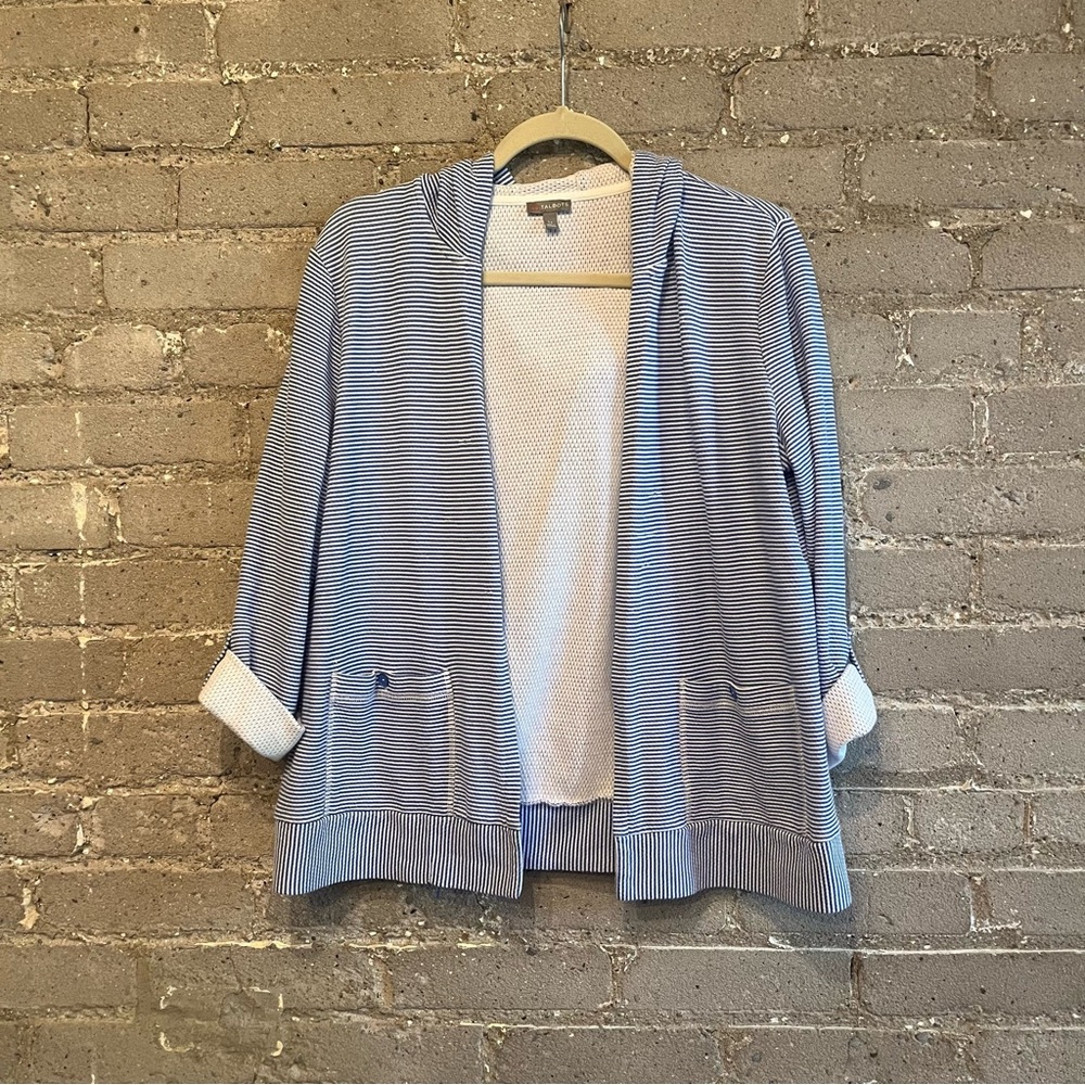 Talbots Navy and White Striped Open-Front Cardigan